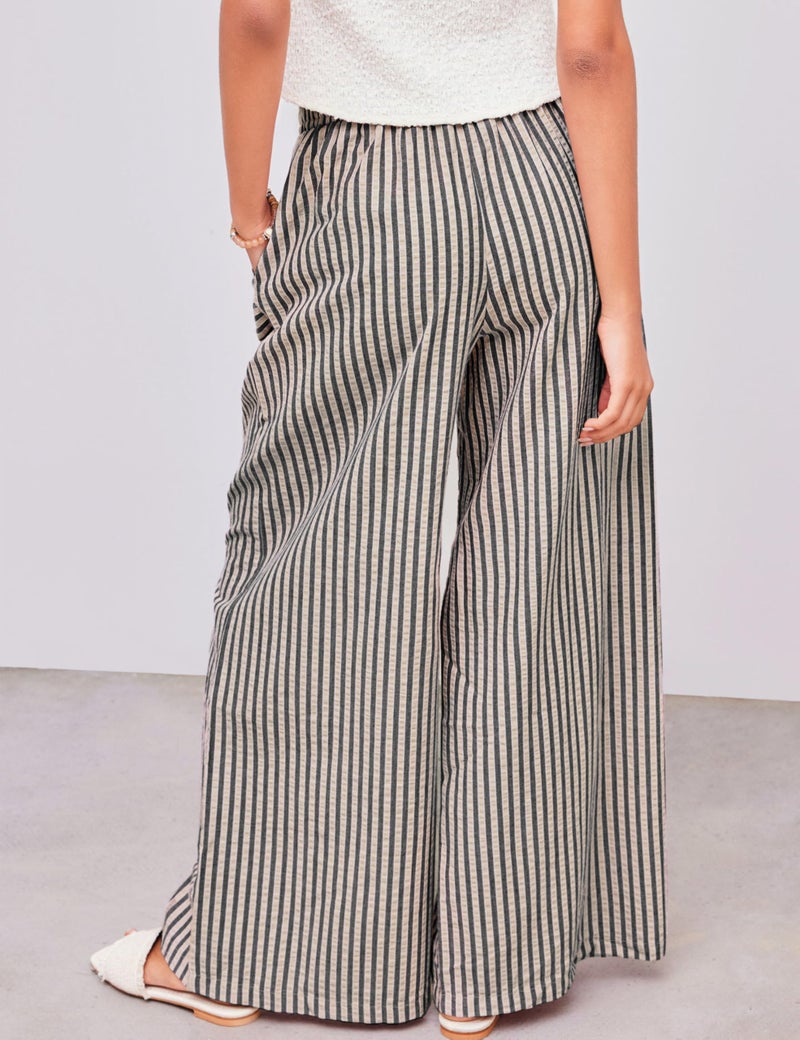 Yeokou Women's Wide Leg Pants Drawstring Striped Cotton Mid Rise Casual Long Palazzo Trousers with Pockets(Black-M) - Image 4
