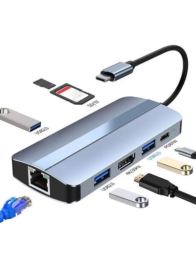 Generic - 2205 USB C Hub Adapter 8-in-1 Type C Docking Station with 4K H*M*+USB3.0+USB2.0*2+87W PD+RJ45+SD/TF Card Readers for Laptops Tablets Smartphones with Type C Port - Image 1