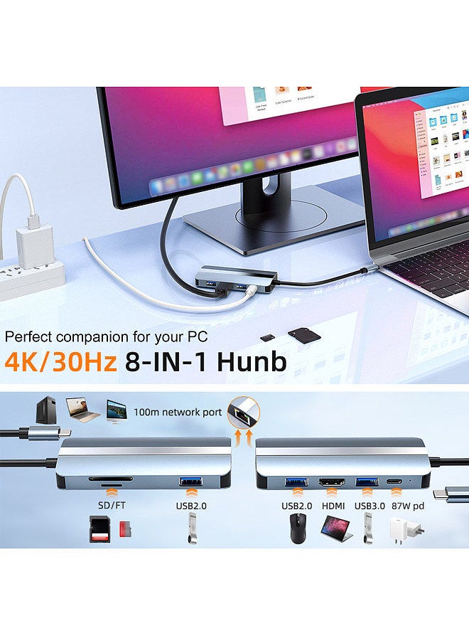 Generic - 2205 USB C Hub Adapter 8-in-1 Type C Docking Station with 4K H*M*+USB3.0+USB2.0*2+87W PD+RJ45+SD/TF Card Readers for Laptops Tablets Smartphones with Type C Port - Image 1