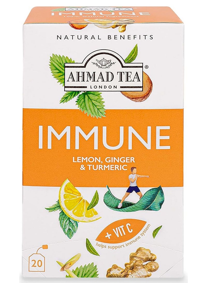 أحمد تي شاي أعشاب الليمون والزنجبيل والكركم لتقوية المناعة مع فيتامين سي، فوائد طبيعية، 20 كيس شاي - Image 1