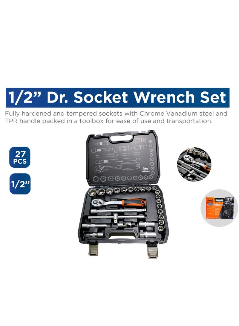 Clarke Socket Set 1/2″    Fully hardened and tempered sockets with chrome vanadium steel and a TPR handle are packed in a toolbox for ease of use and transportation. 