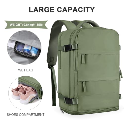 coowoz Large Travel Backpack For Women Men,Carry On Backpack Flight Approved,Hiking Backpacks Waterproof Outdoor Rucksack Casual Daypack Travel Bag Essentials Personal Item Backpack(Gray Green) - Image 4