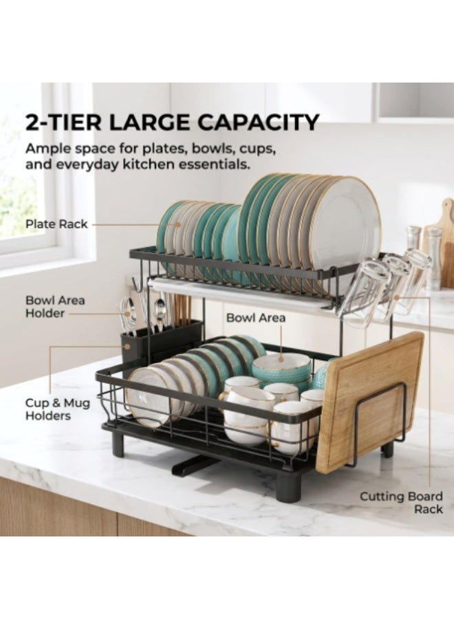Dish Drainer Rack, Dish Drainer with Drip Tray and Drainer Mat, Stainless Steel Dish Rack with Utensil Holder, Swivel Spout, Draining Board for Kitchen Counter, Black, 2 Tier - Image 3
