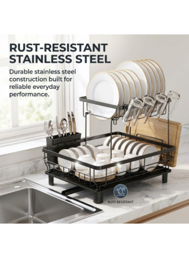 Dish Drainer Rack, Dish Drainer with Drip Tray and Drainer Mat, Stainless Steel Dish Rack with Utensil Holder, Swivel Spout, Draining Board for Kitchen Counter, Black, 2 Tier - Image 5