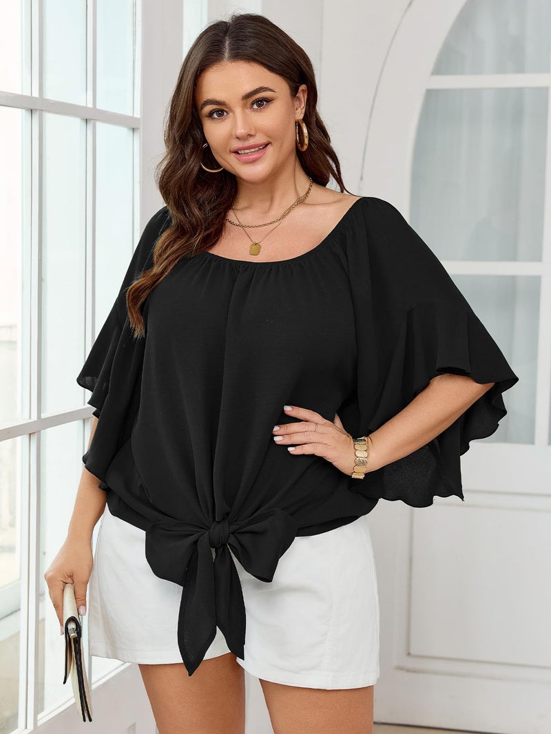 SHESTARR Womens Plus Size Off The Shoulder Blouse Tops Half Sleeves Tie Front Sexy Flowy Top Black - Image 5