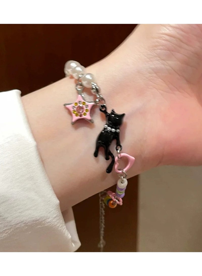Goolsky Black Cat Pearl Star Bracelet for Women – Sweet Cool Summer Jewelry, Dainty Small-Batch Design, Trendy Gift for Girls, Adjustable Size - Image 1
