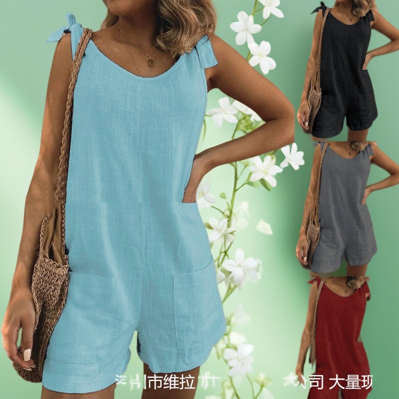European American Women's Jumpsuit Sleeveless Pockets Loose Fit Cotton Linen - Image 1