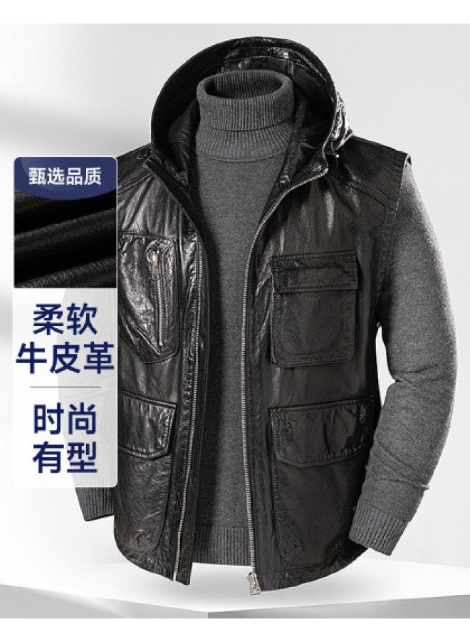 Fapai Men's Genuine Leather Hooded High-end Glossy Leather Vest Jacket - Image 1