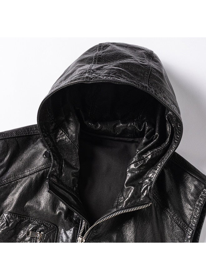 Fapai Men's Genuine Leather Hooded High-end Glossy Leather Vest Jacket - Image 4