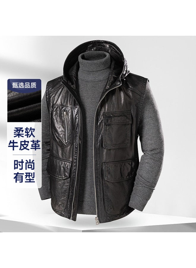 Fapai Men's Genuine Leather Hooded High-end Glossy Leather Vest Jacket - Image 2