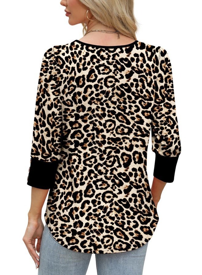 WIHOLL 3/4 Length Sleeve Womens Tops with Button Cuffs Blouses Dressy Casual V Neck Summer Outfits Early Fall Fashion Clothes, 02 - Leopard Print, L - Image 5