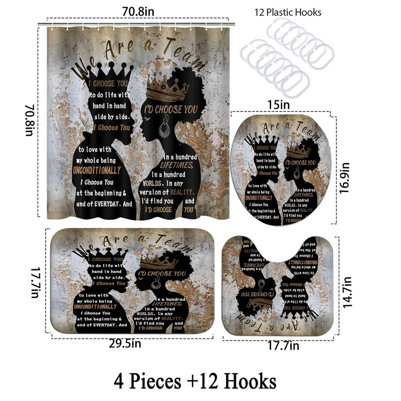 Omebero 4 Pcs Shower Curtain Set With Rugs Toilet Lid Cover Bath Mat  Romantic Black Man Women Couples Bathroom Sets With Shower Curtain And Hooks  Waterproof Fabric Black King Queen Shower Curtains - Image 4