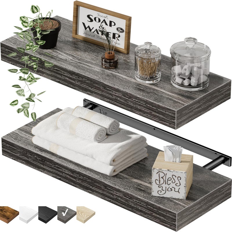 QEEIG Bathroom Floating Shelves for Wall - 15.7" Wall Mounted Shelf Over Toilet Farmhouse Home Decor Display Bookshelf Small 15.7 x 6.7 inch Set of 2, Grey (008-40GY) - Image 1