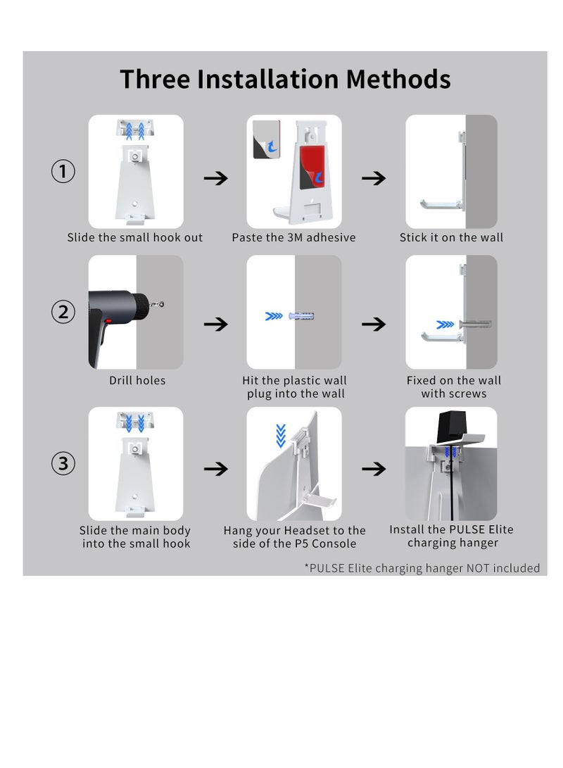 Excefore Headset Stand Compatible with PS5/PS5 Slim Headset, Pulse Elite Headset, Support Charging Dock, Headphone Stand for PS5 Headphone, Stay Organized on Console, Wall, Desk, White - Image 3