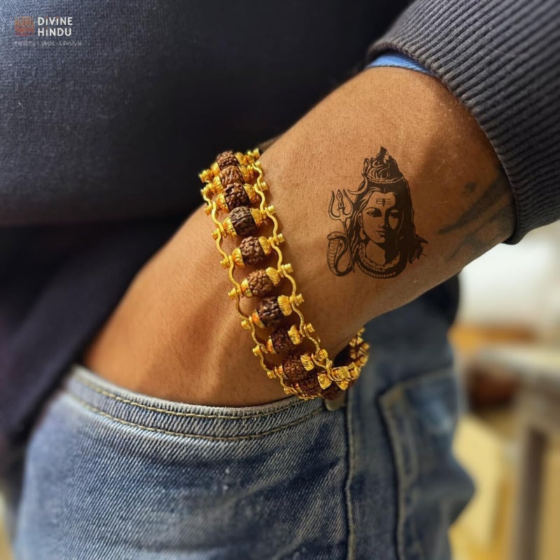 Divine Hindu Gold Plated Rudraksha Chain Bracelet | Lab Certified | 5 Mukhi Beads | Spiritual, Meditation, Energy | For Men & Women | Bead Size-6 MM - Image 5