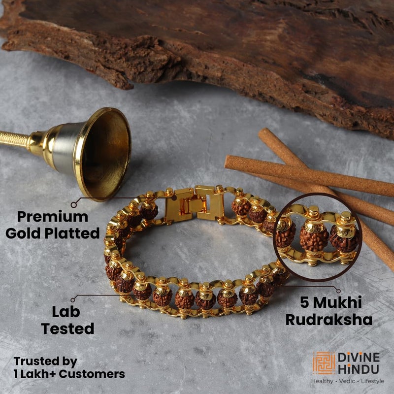 Divine Hindu Gold Plated Rudraksha Chain Bracelet | Lab Certified | 5 Mukhi Beads | Spiritual, Meditation, Energy | For Men & Women | Bead Size-6 MM - Image 3
