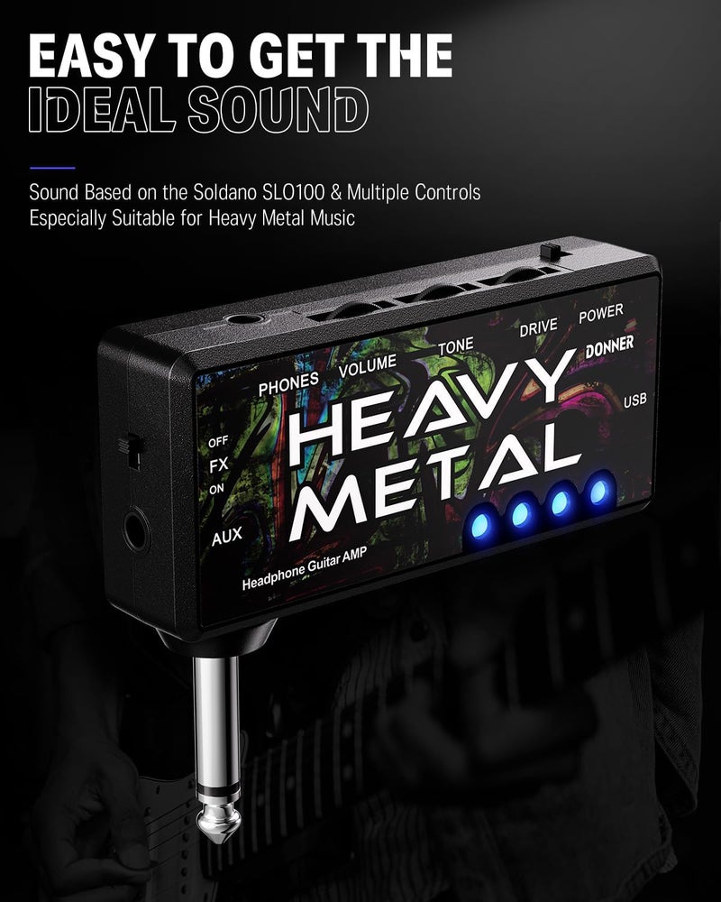 Donner Heavy Metal Guitar Headphone Amp - USB Rechargeable Mini Pocket Amplifier for Electric Guitar - Image 2