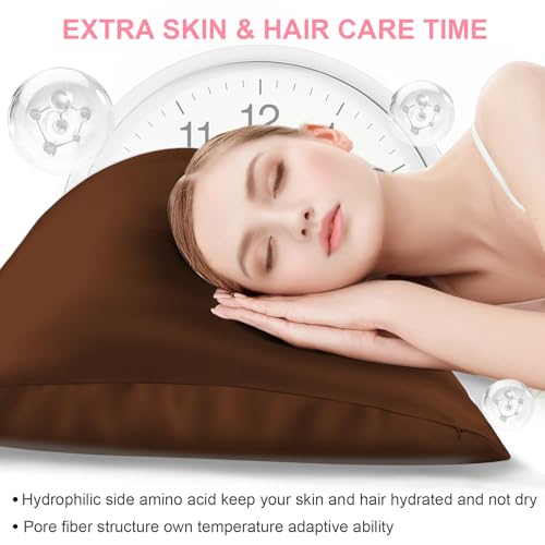 LYSHIN Silk Pillow Cases 2 Pack King Size with Hidden Zipper, Mulberry Silk Pillowcase for Hair and Skin, Smooth and Soft Breathable Cooling Silk Satin Pillowcase Set of 2, Gifts for Women，Brown - Image 3