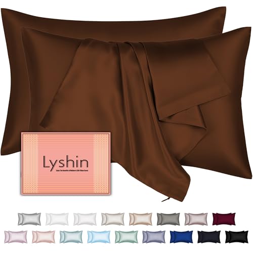 LYSHIN Silk Pillow Cases 2 Pack King Size with Hidden Zipper, Mulberry Silk Pillowcase for Hair and Skin, Smooth and Soft Breathable Cooling Silk Satin Pillowcase Set of 2, Gifts for Women，Brown - Image 1