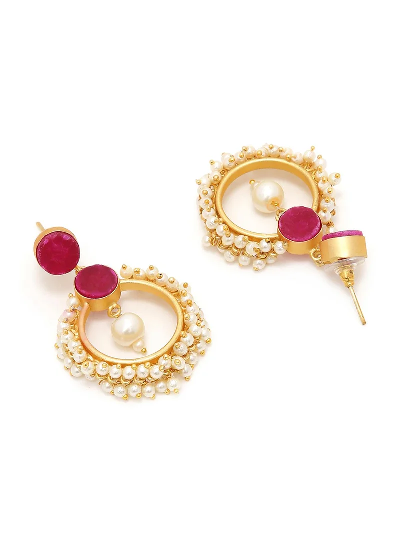 SOHI Burgundy & White Stone Studded & Pearls Contemporary Drop Earrings