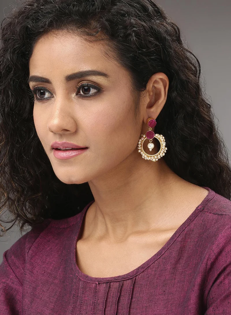 SOHI Burgundy & White Stone Studded & Pearls Contemporary Drop Earrings