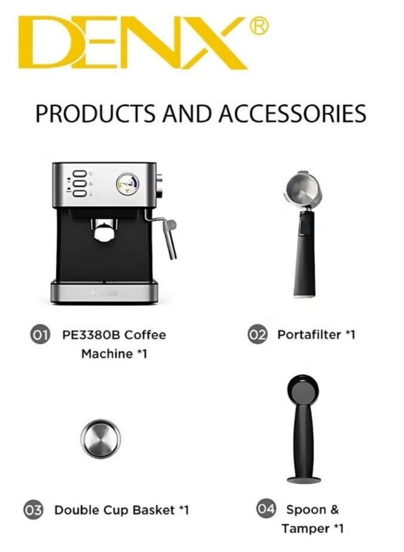 Denx Espresso Coffee Machine for Home, 1.6L Capacity, 850W Power, with Milk Frother, Cappuccino & Latte Maker, Equipped with Steamer, Metal Filter, and Temperature Indicator - Image 3