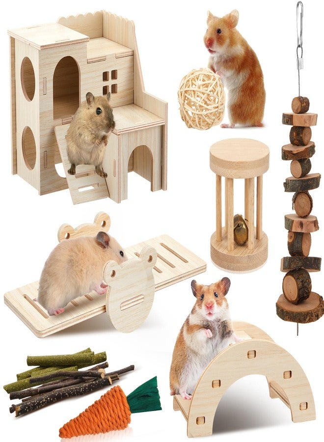 Sonwyoung 8 Pcs Hamster Cage Accessories Hamster Starter Kit with Maze Wood House, Bridge, Seesaw, Chew Toys Set for Gerbils and Mice Small Animals Habitat Supplies(Classic Villa) - Image 1