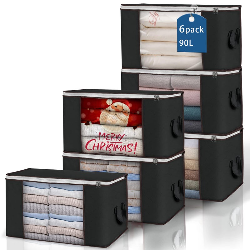 Budding Joy Large Storage Bags, 6 Pack Clothes Storage Bins Foldable Closet Organizers Storage Containers with Durable Handles Thick Fabric for Blanket Comforter Clothing Bedding 90 L (Black) - Image 1