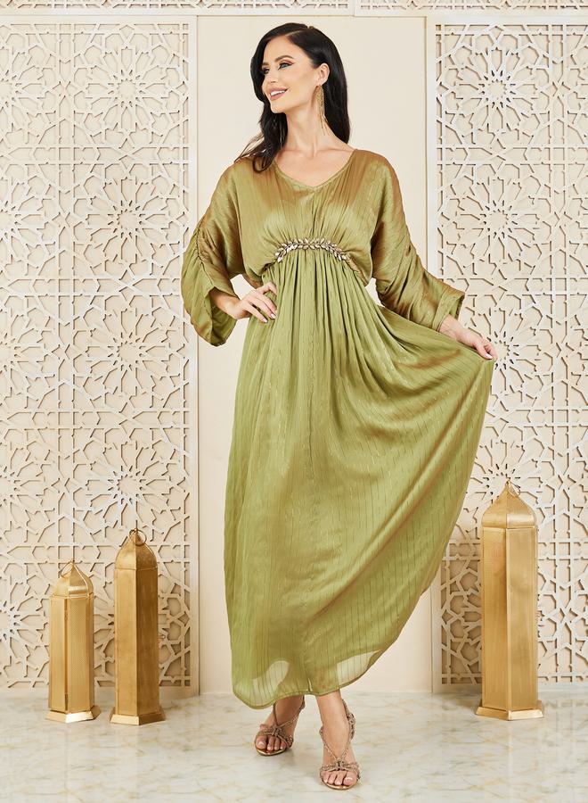 Styli Styli Embellished Lurex Striped Gathered Detail A-Line Maxi Dress  - Image 1