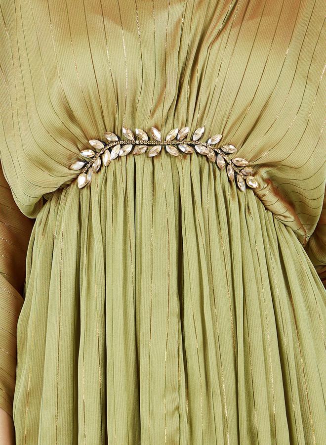 Styli Styli Embellished Lurex Striped Gathered Detail A-Line Maxi Dress  - Image 3