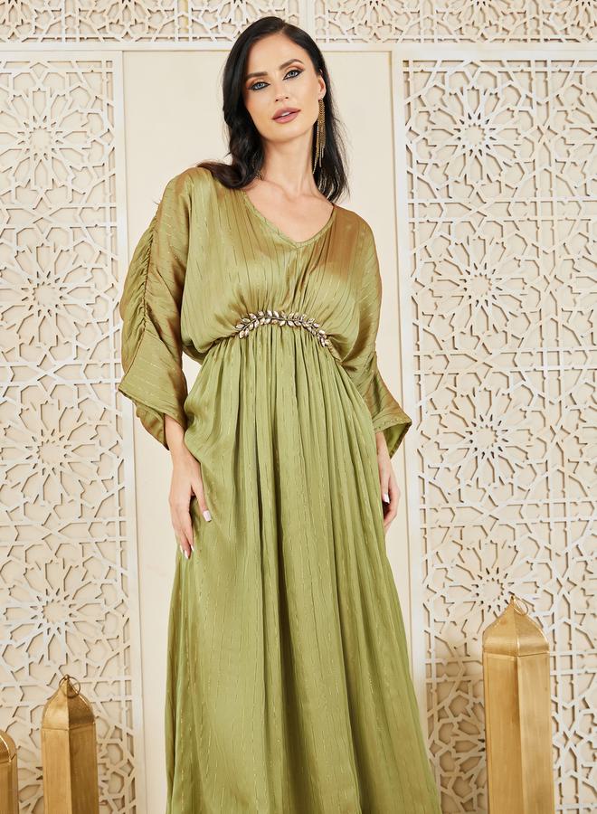 Styli Styli Embellished Lurex Striped Gathered Detail A-Line Maxi Dress  - Image 2