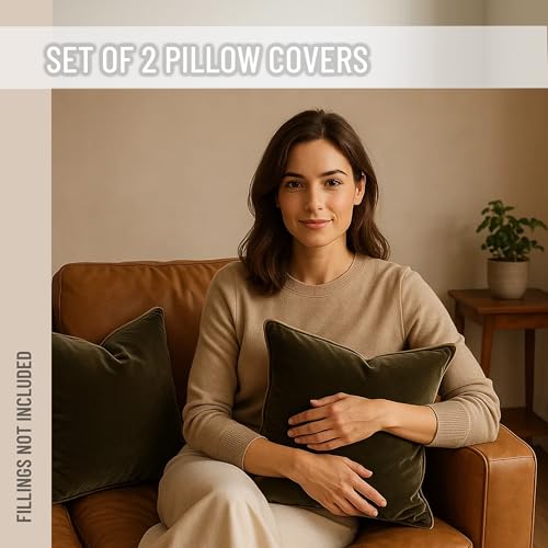 Blau Marité 2 Pack Velvet Decorative Throw Pillow Covers, 20"x20", Green and Camel, Solid, Modern, Contrast Piping, Indoor Use, Bedroom & Living Room - Image 3