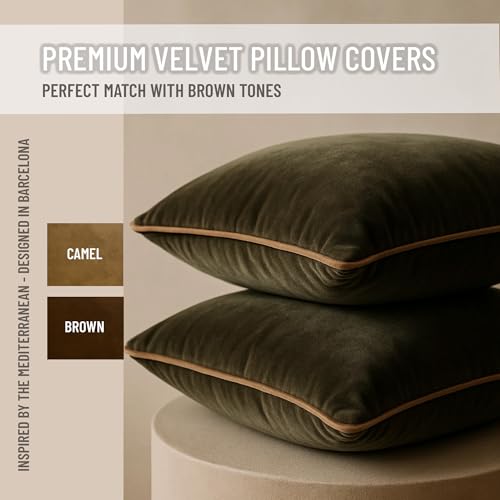 Blau Marité 2 Pack Velvet Decorative Throw Pillow Covers, 20"x20", Green and Camel, Solid, Modern, Contrast Piping, Indoor Use, Bedroom & Living Room - Image 2