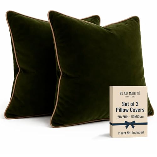 Blau Marité 2 Pack Velvet Decorative Throw Pillow Covers, 20"x20", Green and Camel, Solid, Modern, Contrast Piping, Indoor Use, Bedroom & Living Room - Image 1