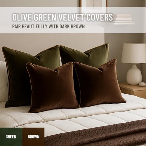 Blau Marité 2 Pack Velvet Decorative Throw Pillow Covers, 20"x20", Green and Camel, Solid, Modern, Contrast Piping, Indoor Use, Bedroom & Living Room - Image 5