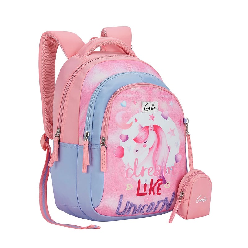 Genie Unicorn Dream School Backpack for Girls |15 In-20 Ltr with Three Compartments,Side Pockets and Light Weight with Padded Shoulders |Best for Books,Stationery, Lunch Box & Essentials - Pink - Image 2