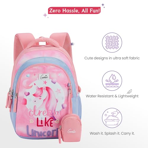 Genie Unicorn Dream School Backpack for Girls |15 In-20 Ltr with Three Compartments,Side Pockets and Light Weight with Padded Shoulders |Best for Books,Stationery, Lunch Box & Essentials - Pink - Image 5