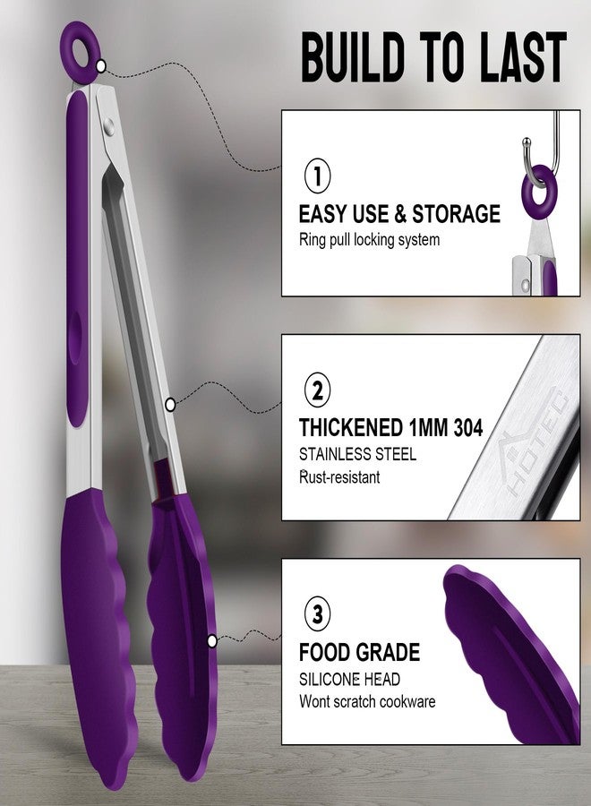 HOTEC Premium Stainless Steel Locking Kitchen Tongs with Silicon Tips, Set of 3-7", 9" and 12" (Purple) - Image 5