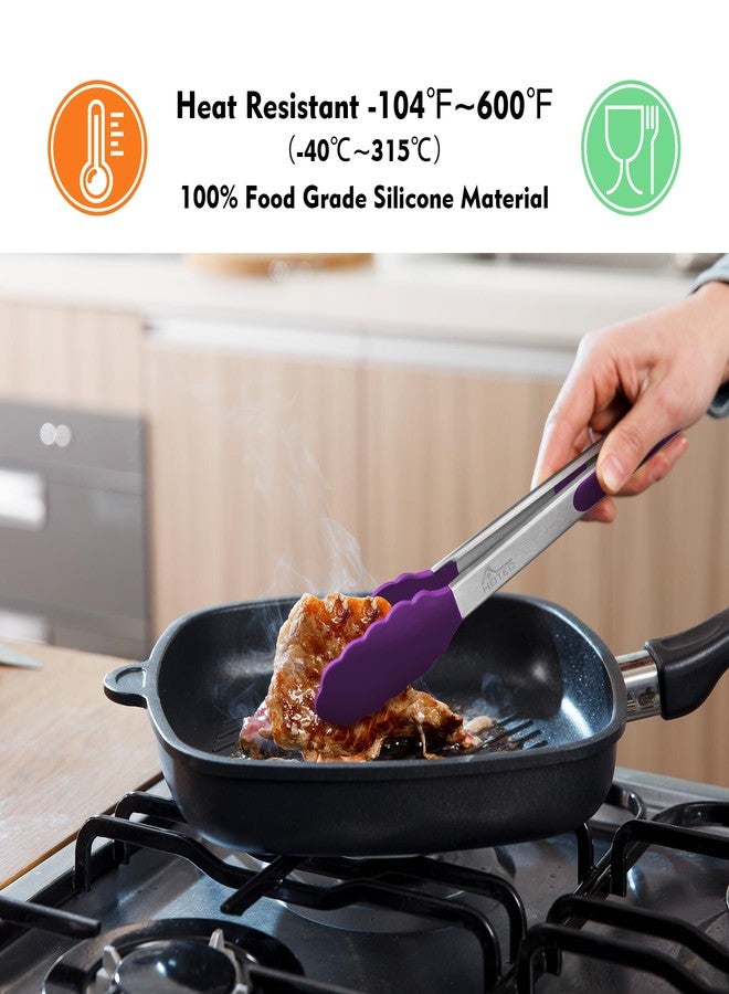 HOTEC Premium Stainless Steel Locking Kitchen Tongs with Silicon Tips, Set of 3-7", 9" and 12" (Purple) - Image 2