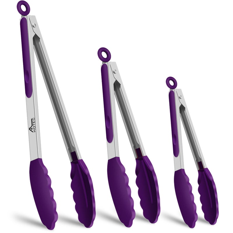 HOTEC Premium Stainless Steel Locking Kitchen Tongs with Silicon Tips, Set of 3-7", 9" and 12" (Purple) - Image 1