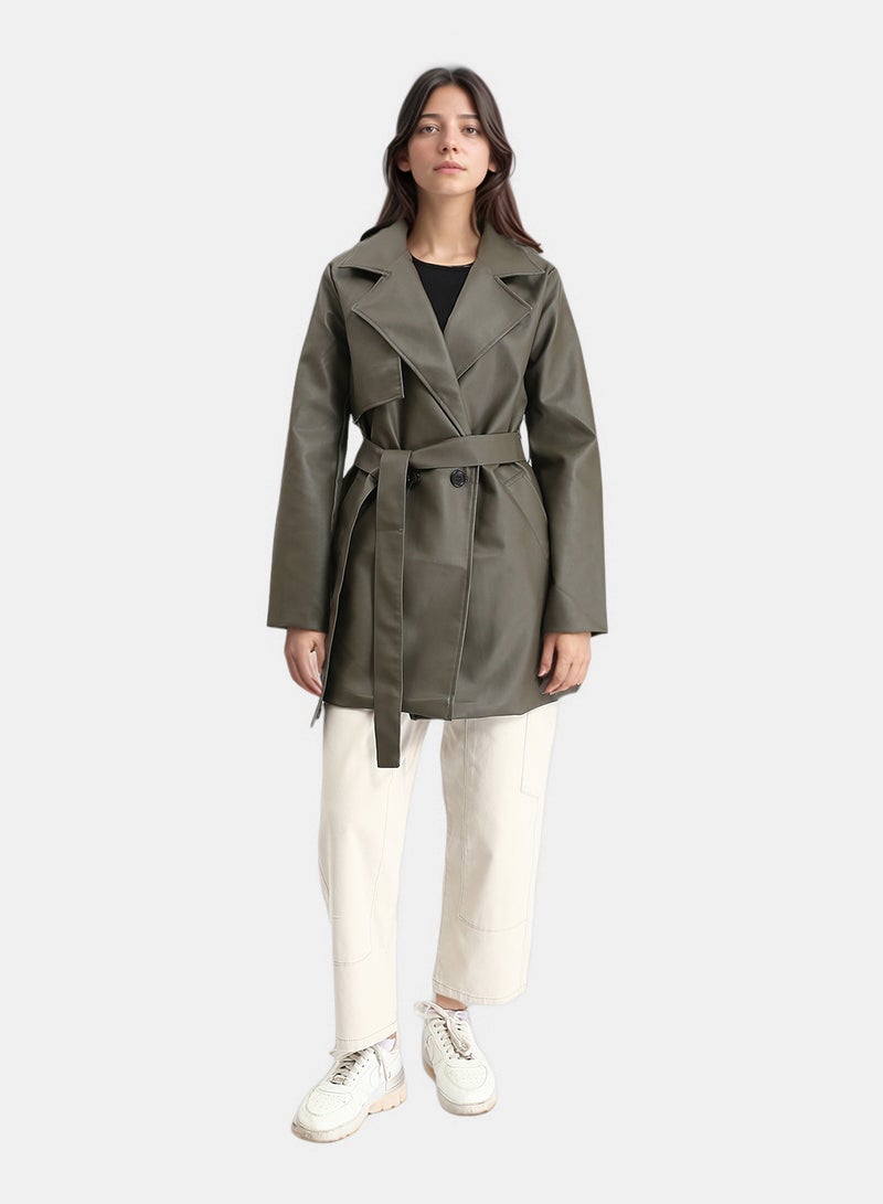 RAVIN Women Notched Lapel Long Leather Coat With Belt Khaki - Image 4
