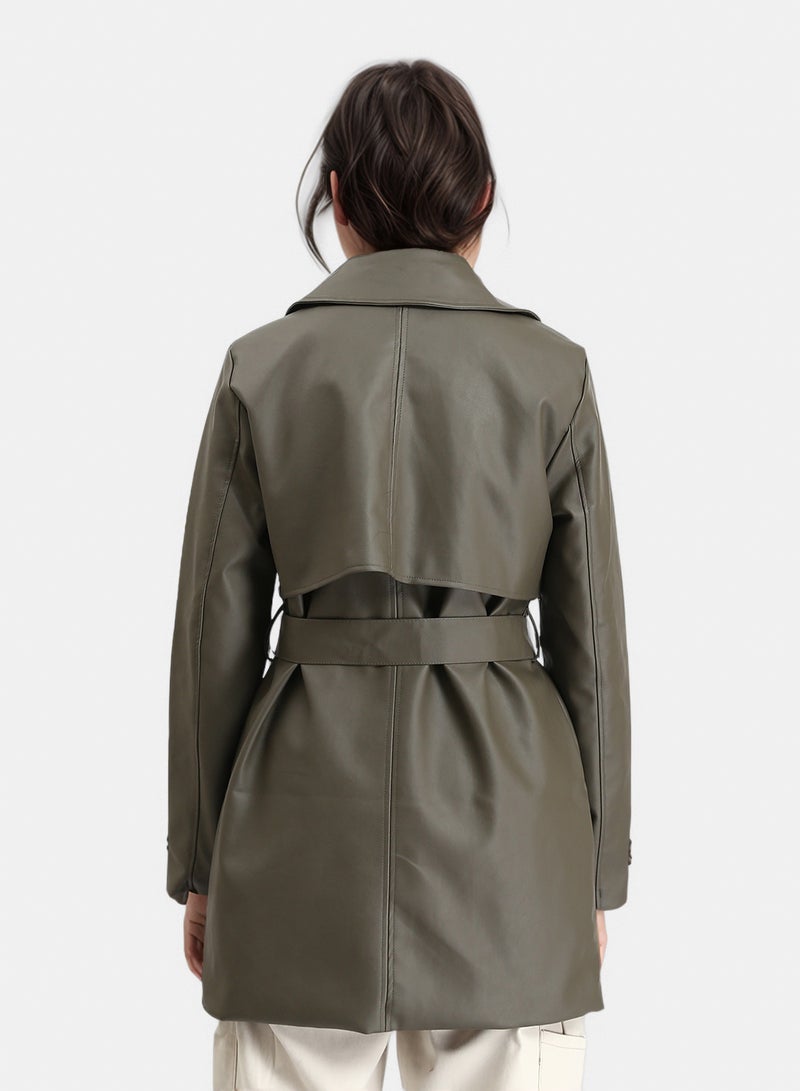 RAVIN Women Notched Lapel Long Leather Coat With Belt Khaki - Image 2
