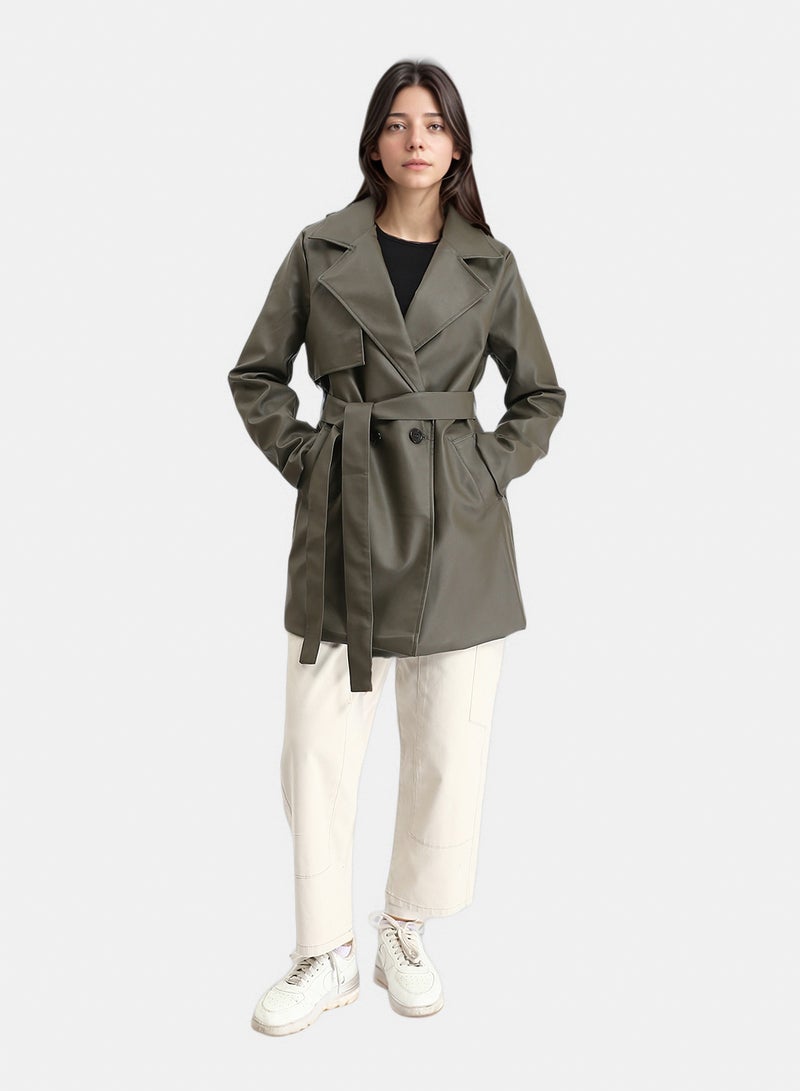 RAVIN Women Notched Lapel Long Leather Coat With Belt Khaki - Image 5