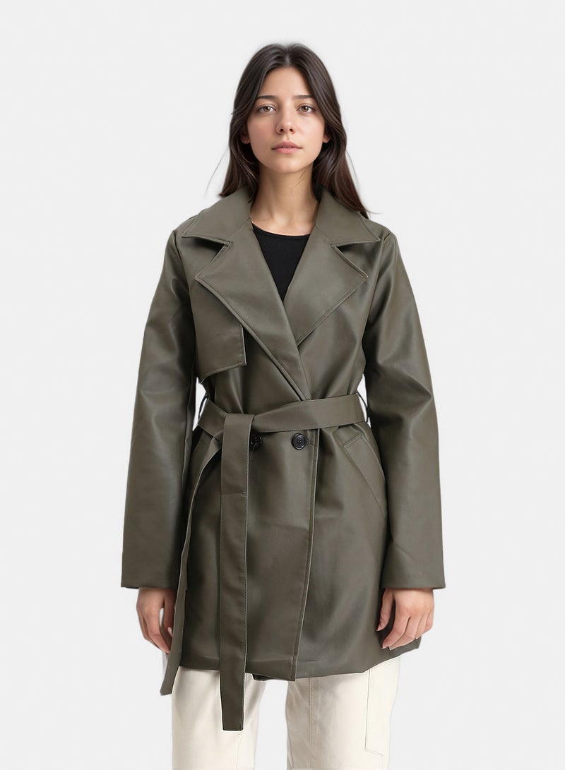 RAVIN Women Notched Lapel Long Leather Coat With Belt Khaki - Image 1