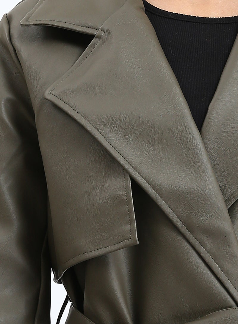 RAVIN Women Notched Lapel Long Leather Coat With Belt Khaki - Image 3