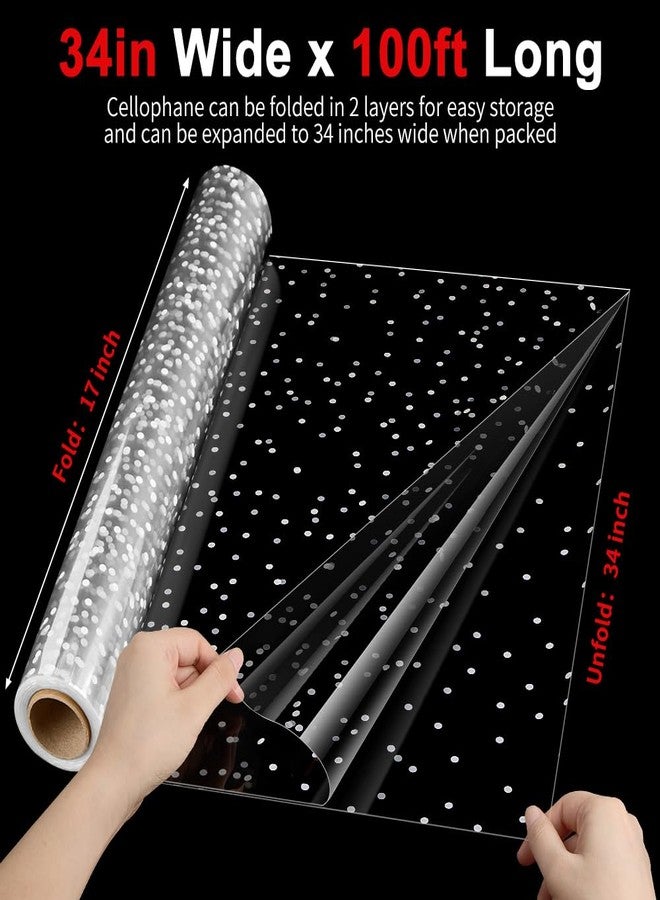 Mauproy 34 In x 100 Ft Mother's Day Clear Cellophane Wrap Roll, Extra Wide, 2.5 Mil Thick Transparent Wrapping Paper with White Dots for Baskets, Flower Bouquets (34" Fold into 17") - Image 2