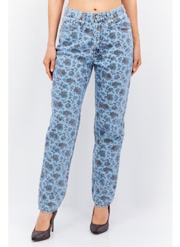 Women Mom Fit Allover Print Non Stretchable Jeans, Blue Combo