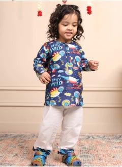 Polka Tots Polka Tots Full Sleeves Night Wear Space Kurta Pyjama - Blue  - Image 1
