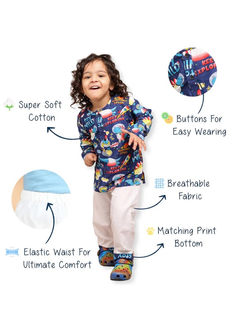Polka Tots Polka Tots Full Sleeves Night Wear Space Kurta Pyjama - Blue  - Image 5