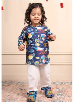 Polka Tots Polka Tots Full Sleeves Night Wear Space Kurta Pyjama - Blue  - Image 2